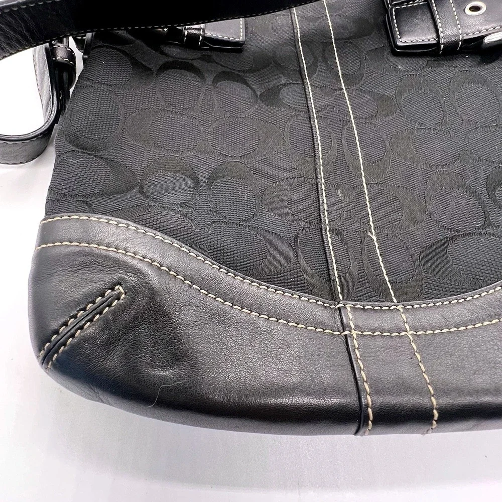 Coach Signature Jacquard Black Fabric‎ With Leather Shoulder Bag Hobo J05M-3577